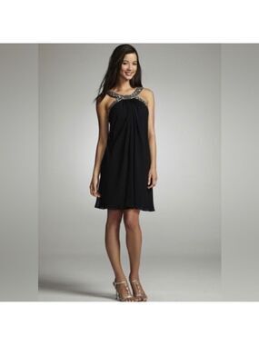 JS Boutique Beaded Neckline Strappy Chiffon Swing Dress Black SZ 8